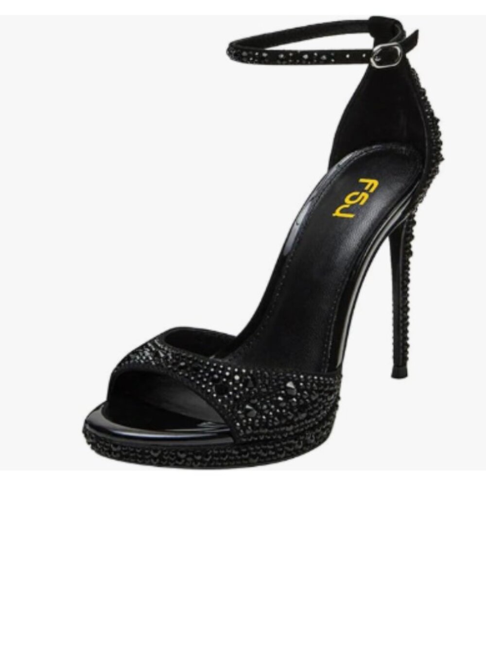 FSJ Black High Heels Sandals with Sparkly Rhinestone Platform Ankle Strap Shoes